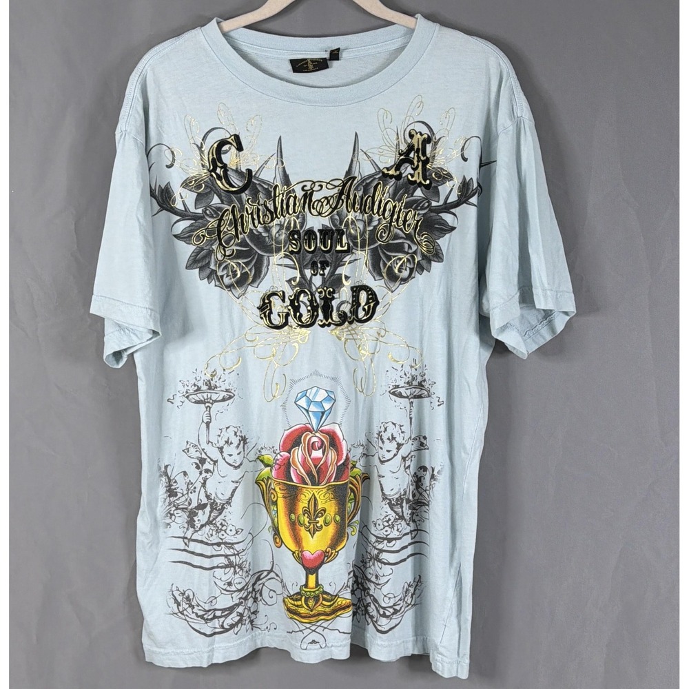Christian Audigier T-Shirt Mens XL Y2K Blue Soul Of Gold Tattoo Cotton USA